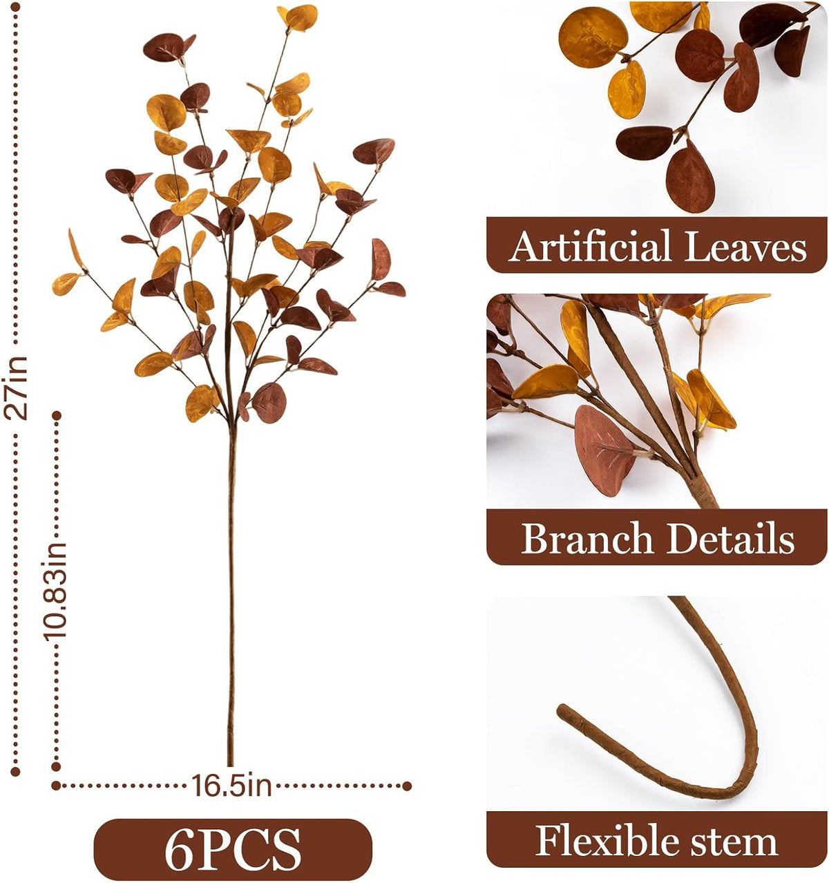 Fall Decor 6Pcs 27" Faux Fall Eucalyptus Stems Leaves Decor Thanksgiving