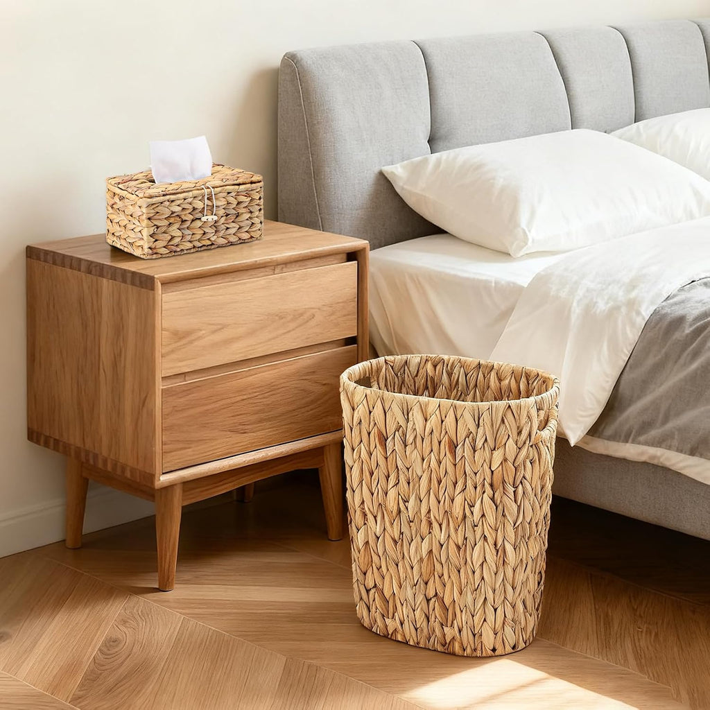 Wicker Trash Can and Rectangle Tissue Box Cover, 4 Gallon Water Hyacinth Bathroom Trash Can, Handwoven Napkin Holder, Narrow Small Waste Basket, Rustic Decorative Home Set for Bedroom,Bathroom,Office