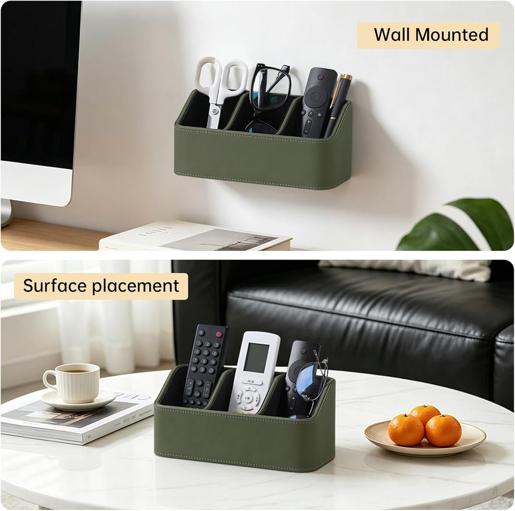 Hole-Free Wall-Mounted PU Leather Remote Control Holder, 3-Compartment Desktop Organizer, Perfect for Living Room, Bedroom, TV Side, Bathroom and More (Green)