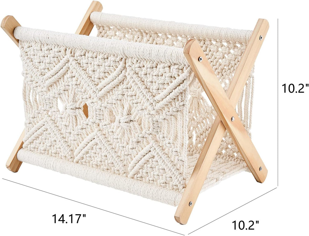 Mkono Macrame Magazine Holder, Boho Woven Book Rack Basket, 14" L x 10" W
