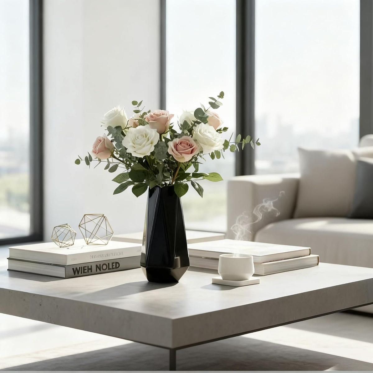 Modern Black Ceramic Vase, 7.5 Inch Geometric Flower vases, Minimalist Design for Table Shelf Centerpiece Home Decor Fit for Housewarming, Weddings, Birthday,Christmas
