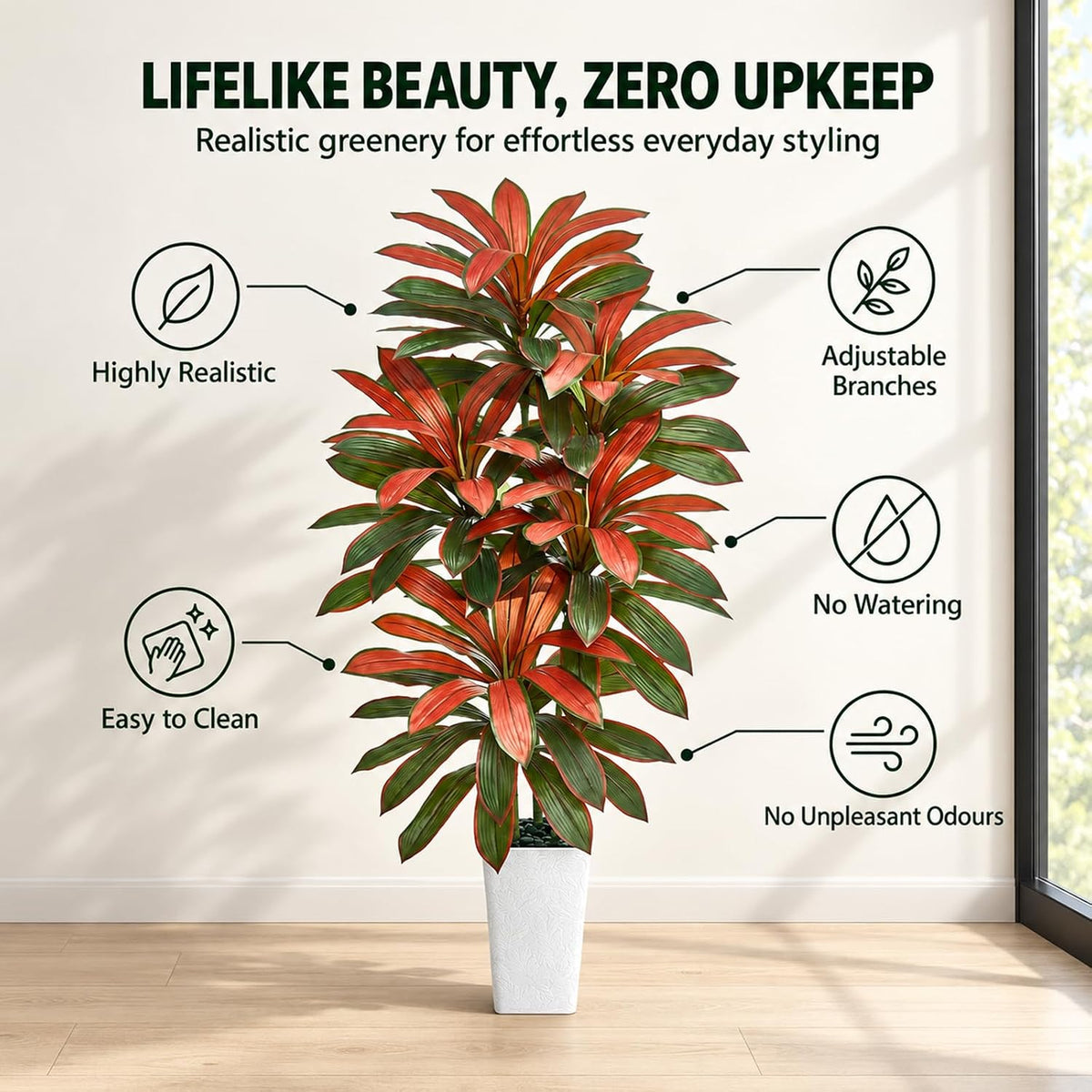 Artificial Dracaena Tree Red, 5FT Fake Plants White Planter