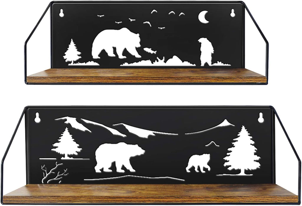 Giftgarden Floating Shelves for Wall with Unique Adorable Bears Cutouts, Rustic Wooden Iron Wall Shelf Bear Decor for Bathroom Cabin Lodge Bedroom Kitchen Living Room Nursery, Black, Set of 2