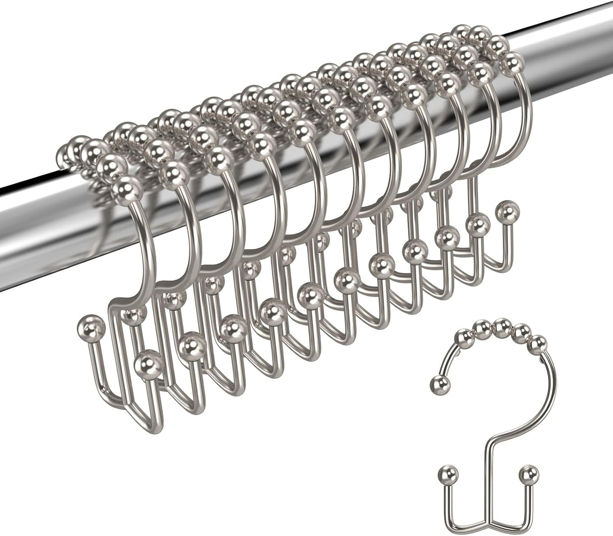 Brushed Nickel Shower Curtain Hooks Double Sided with Roller Balls