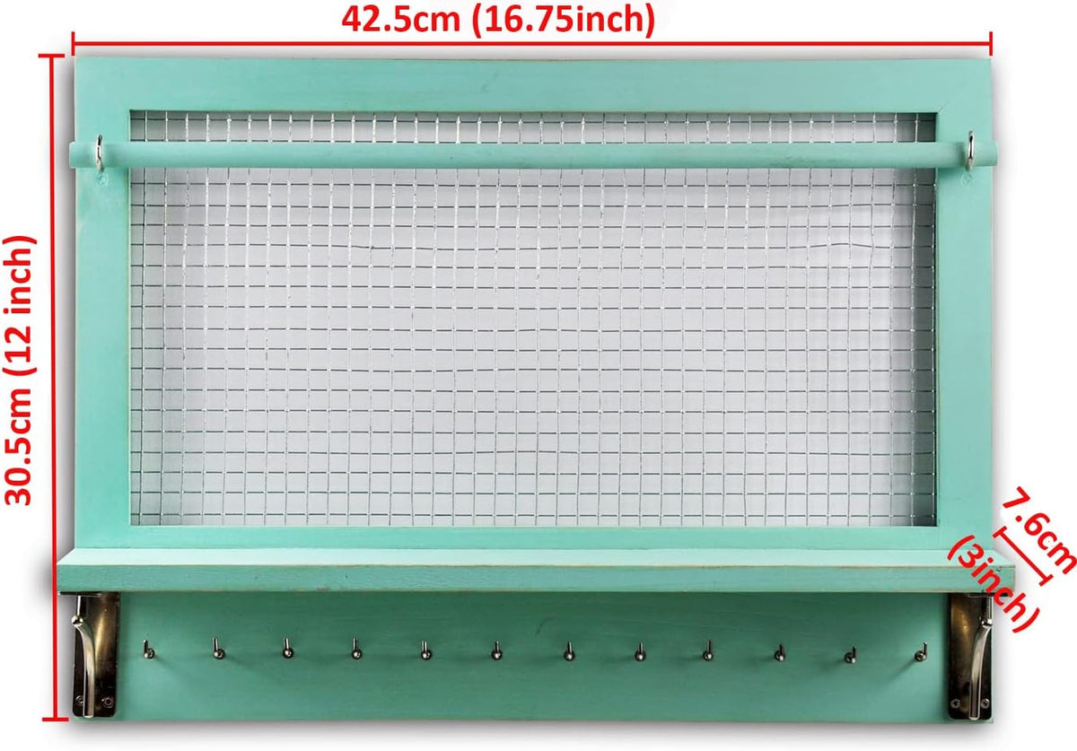 Jewelry Organizer, Wall Mount Jewelry Holder Rack with Hooks Shelf and Removable Rod Hanging Display Earrings Necklaces Bracelets Rings Storage Accessories Wood in Shabby Chic Turquoise