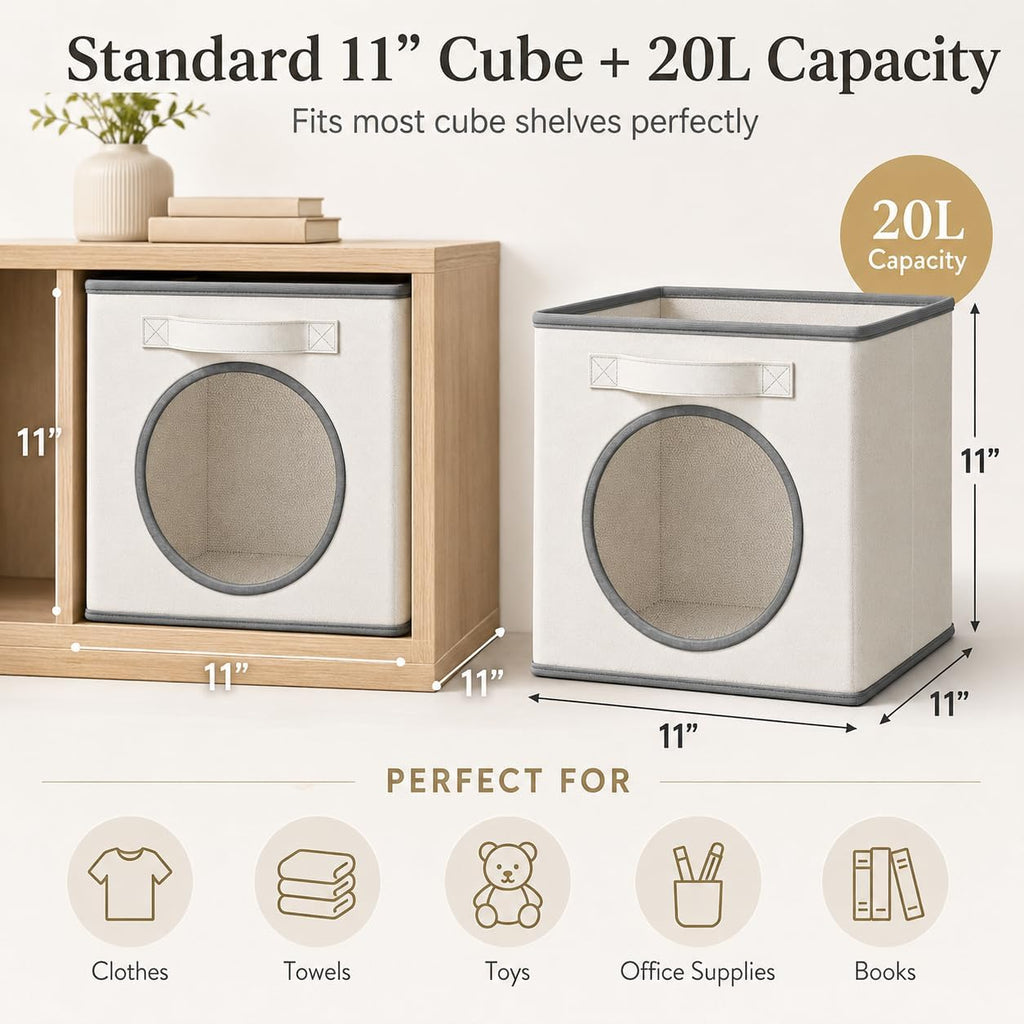 Fabric Storage Cubes with Mesh Window, 11'' Cube Storage Bin, Ivory, 4 Pack