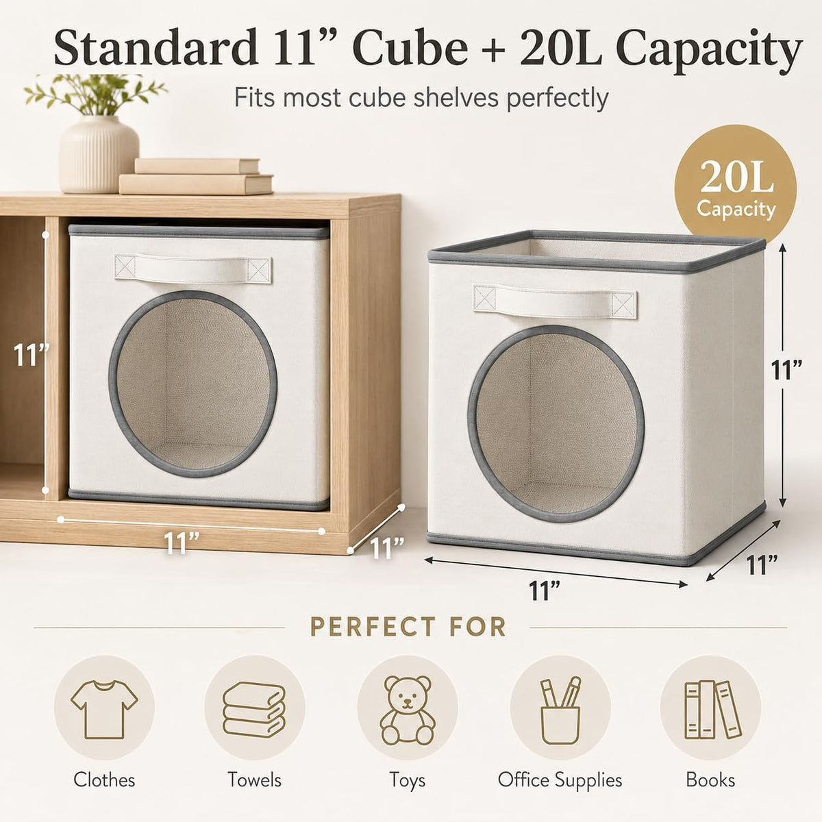 Fabric Storage Cubes with Mesh Window, 11'' Cube Storage Bin, Ivory, 4 Pack