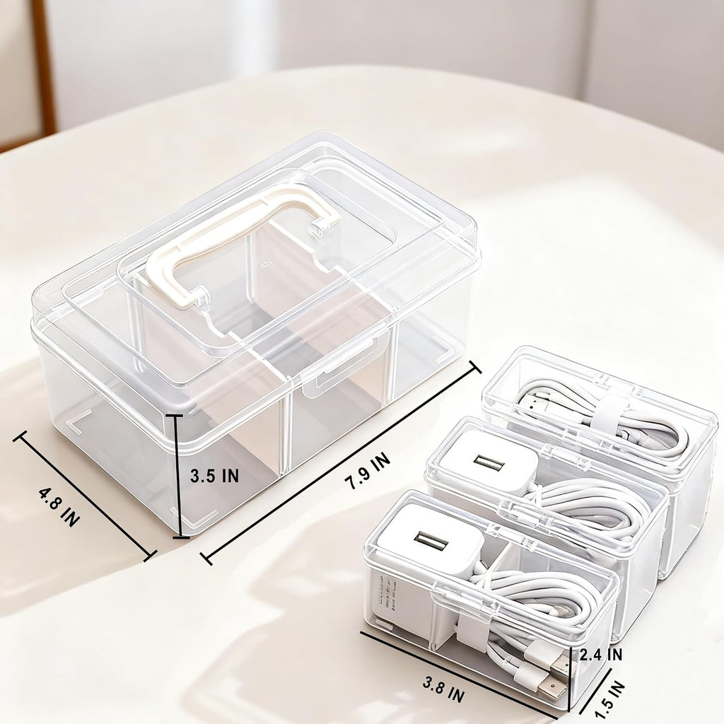 RayHenry Cable Organizer Box with Lid & Handle, Desktop Cord Management Storage with 3 Clear Switch Cases for Chargers, Cables, Jewelry, Hair Ties