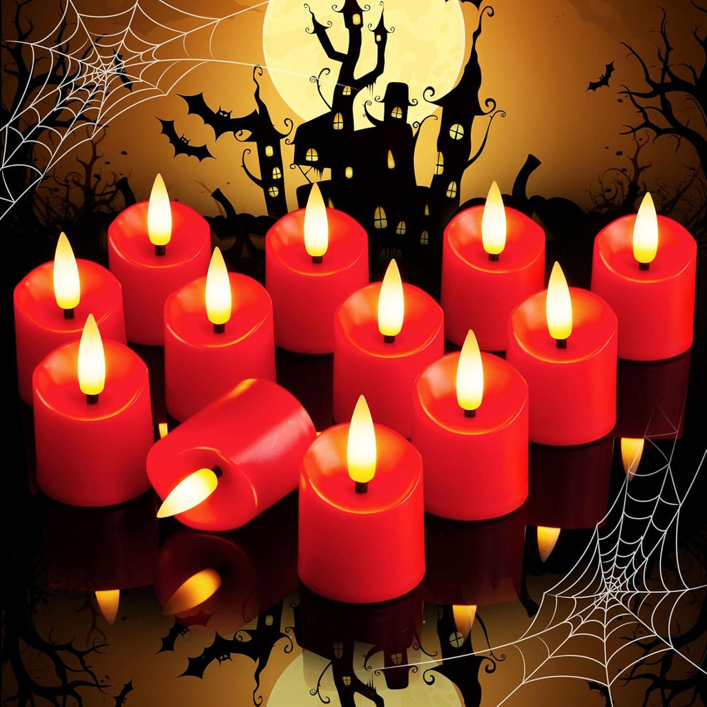 Homemory 12Pack Timer Flameless LED Votive Candles, Realistic Flickering 3D Flame Candles, Long Lasting Battery Operated Tealight, for Thanksgiving Day, Christmas, Wedding Decor-Red Base