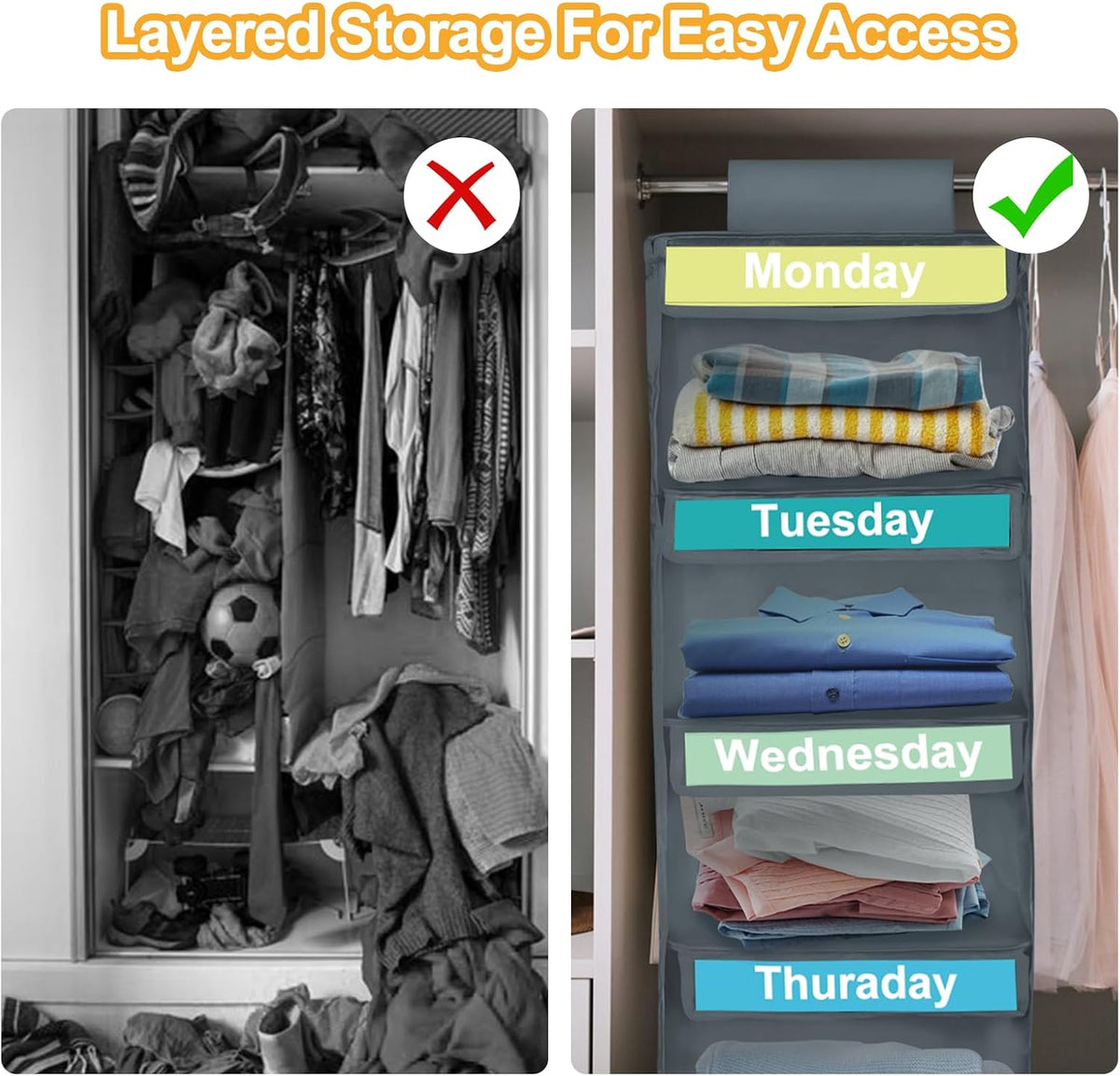 Weekly Clothes Organizer for Kids, Days of The Week Clothes Organizer with 6 Side Pockets, 5-Shelf Hanging Closet Organizer with Monday Through Friday Labels, Weekly Clothing Divider (Dark grey-2Pcs)