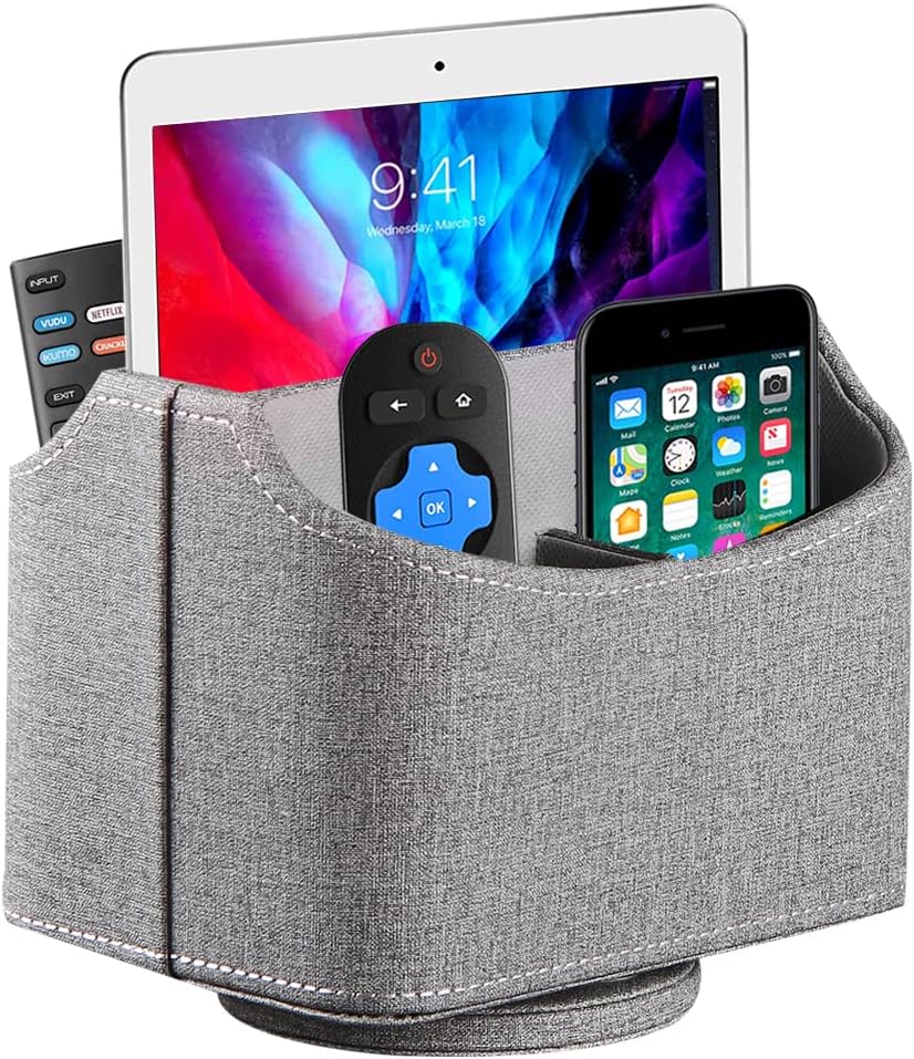 360° Rotating Remote Control Holder, PU Leather TV Remote Caddy Organizer Basket Storage Box with 5 Compartments for Pen, Pencil, Art Supplies, Makeup Brush, Office Desk Table Accessories