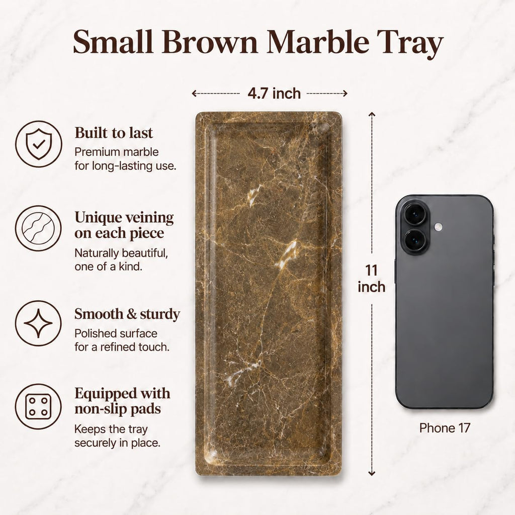 Brown Marble Vanity Tray, Small Genuine Stone Decorative Tray for Bathroom Counter, Perfume, Cologne, Jewelry, Candle, Coffee Table & Kitchen Counter Organizer, 11 x 4.7 Inch