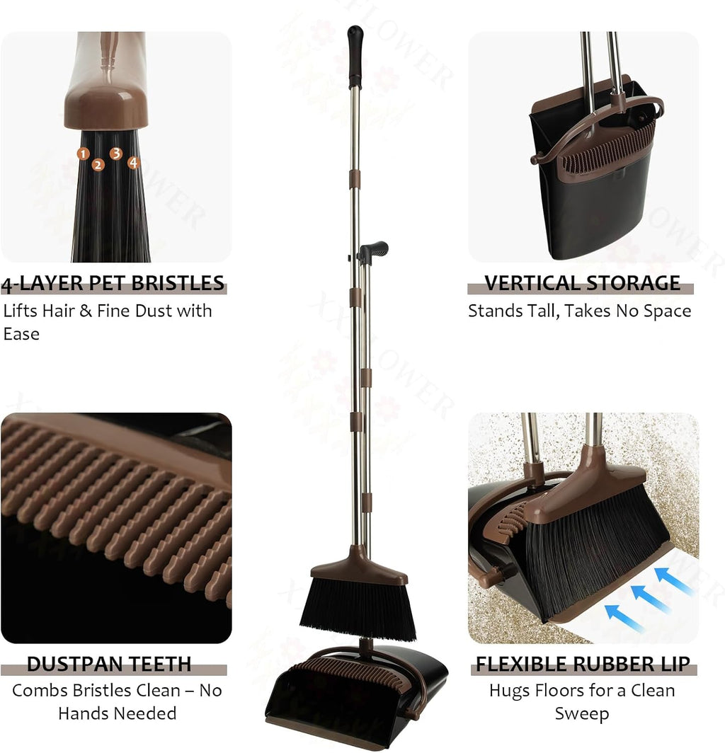 Broom and Dustpan Set with Long Handle, Light Weight Stainless Steel Poles Stand Upright Dustpans with Broom Combo for Home Kitchen Office Pet Dog Hair, 1-Pack (Black Brown)