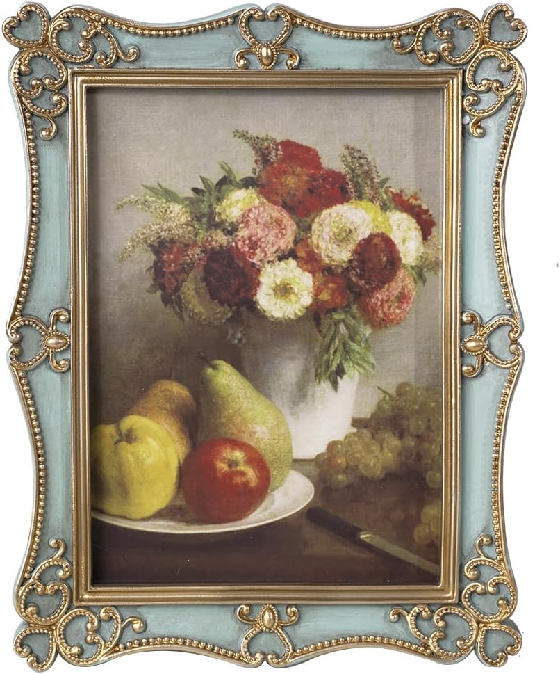 Vintage Picture Frame,Antique Style,Old-Fashioned,Square/Oblong Shape,Gold Floral Relief,Wall and Tabletop Victorian Frame (Sea Foam Green, 5X7)