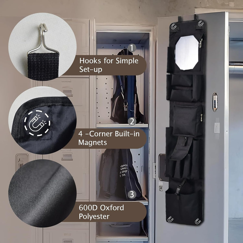 Police Style Magnetic Hanging Locker & Closet Door Organizer, Multiple Size Pockets - 51.2 x 11 Inches, with 4 Corner Magnets for Police, Security, Law Enforcement Lockers (Black)