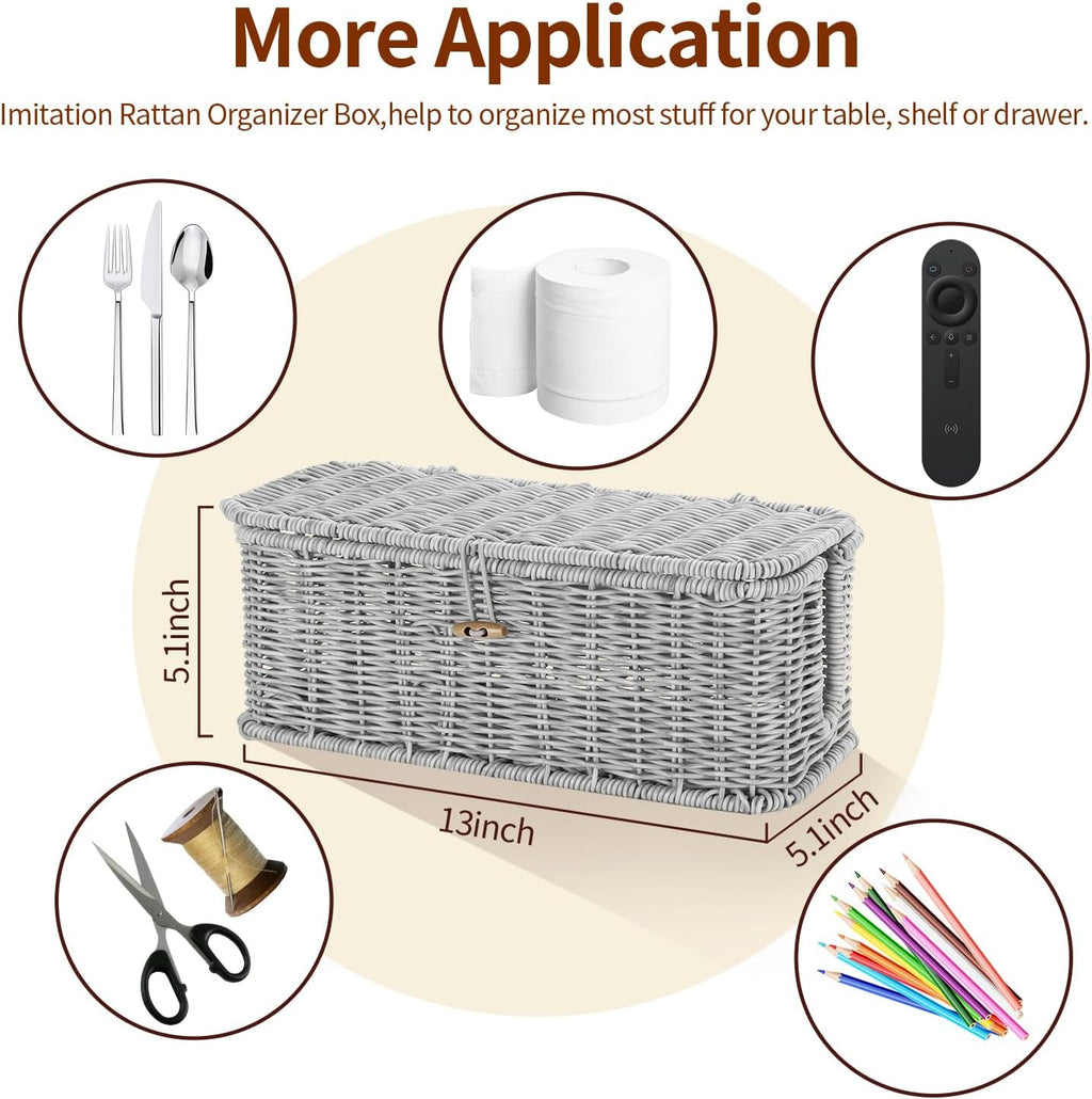 Cable Management Box, Desk Handwoven Rattan Cord Hider Cable Organizer Box With Lid Button Lock, Power Strip Cover Wicker Decorative Basket, Floor Wire Hiding Extension Cord Box (grey)