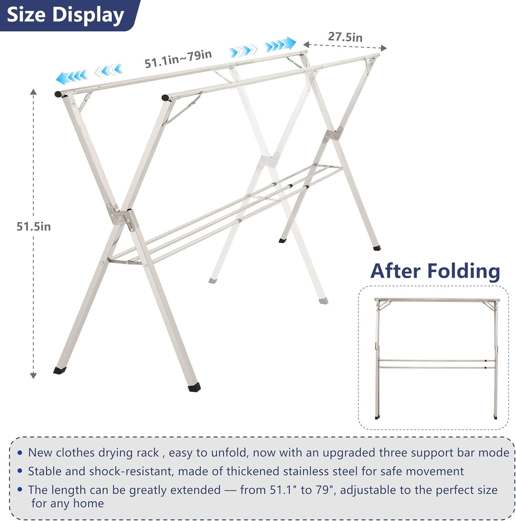 79 inches Foldable Clothes Drying Rack, Stainless Steel Indoor Outdoor Use