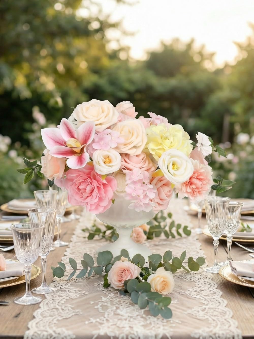 Artificial Pink Flower Box Arrangement, Fake Silk Rose Hydrangea Orchid Eucalyptus Greenery Floral Centerpiece, Artificial Flowers Gift Box for Wedding Bridal Shower Home Table Decor