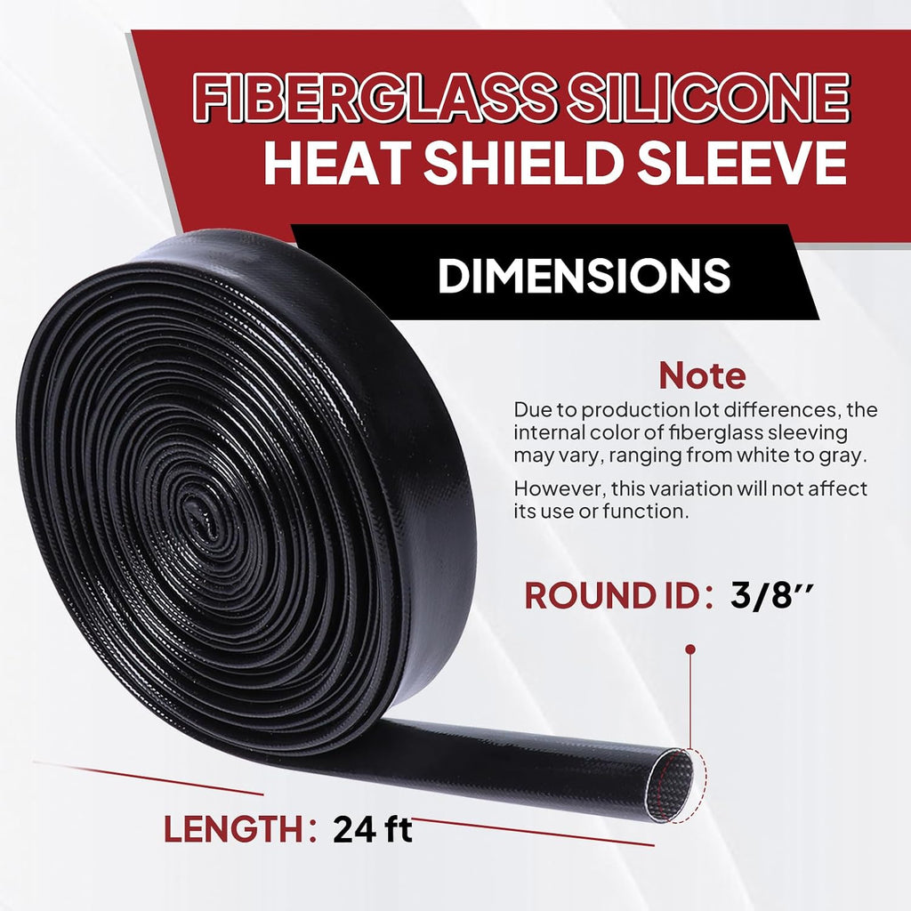 Silicone Fiberglass Sleeve High Temperature Heat Shield Wire Protective Electrical Insulation Self-extinguishing Black (3/8"-24ft)