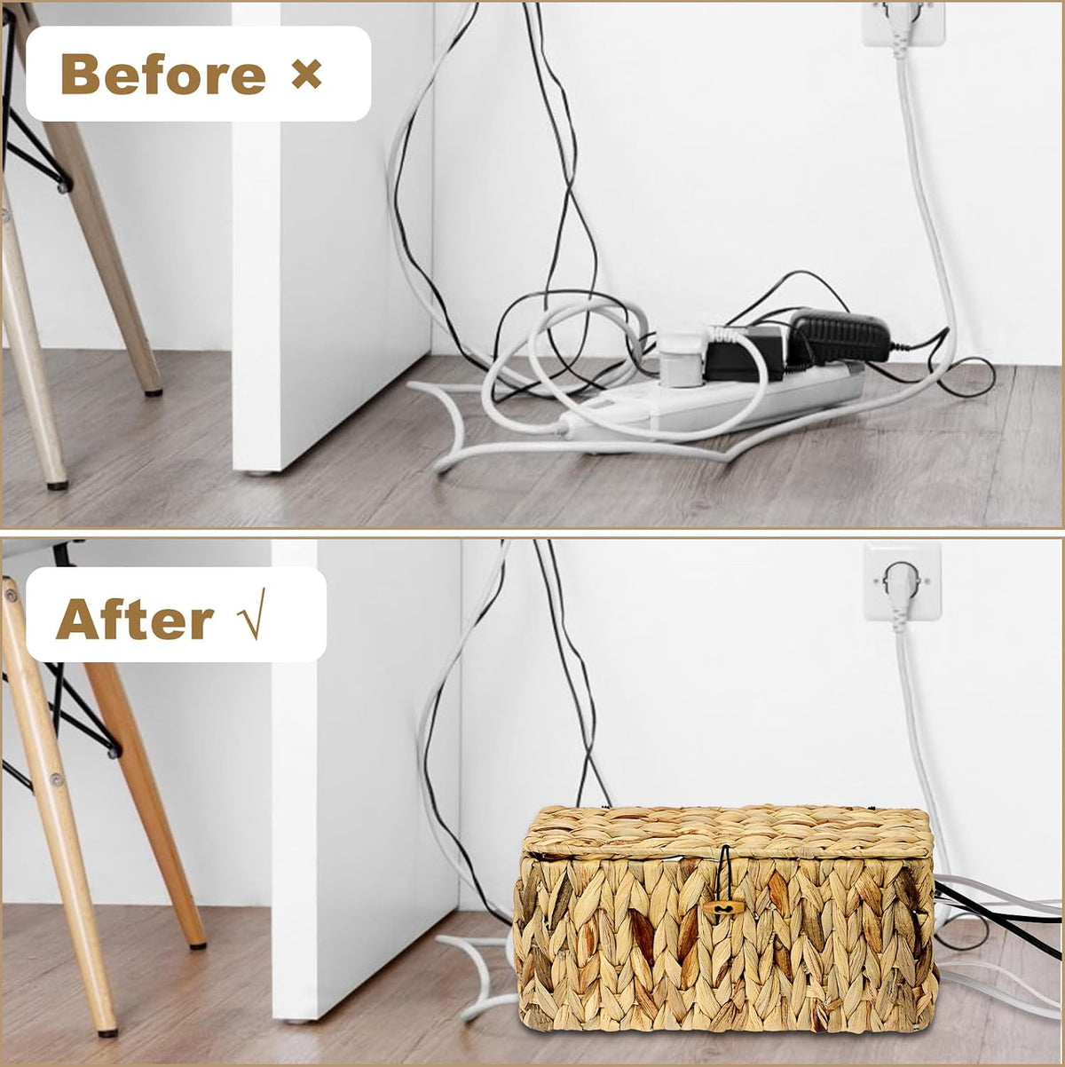 BTSKY Woven Cable Management Box with Lid Water Hyacinth Cord Organizer, L