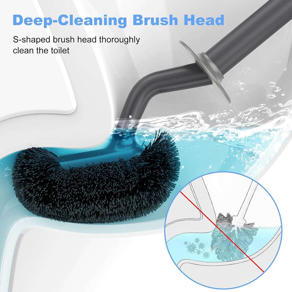 HAMITOR Toilet Bowl Brush Holder Set: Curved Design with Holder for Deep Cleaning Under Rim - Compact Hidden Scrubber for Small Space - Modern RV Bathroom Accessories - Gray