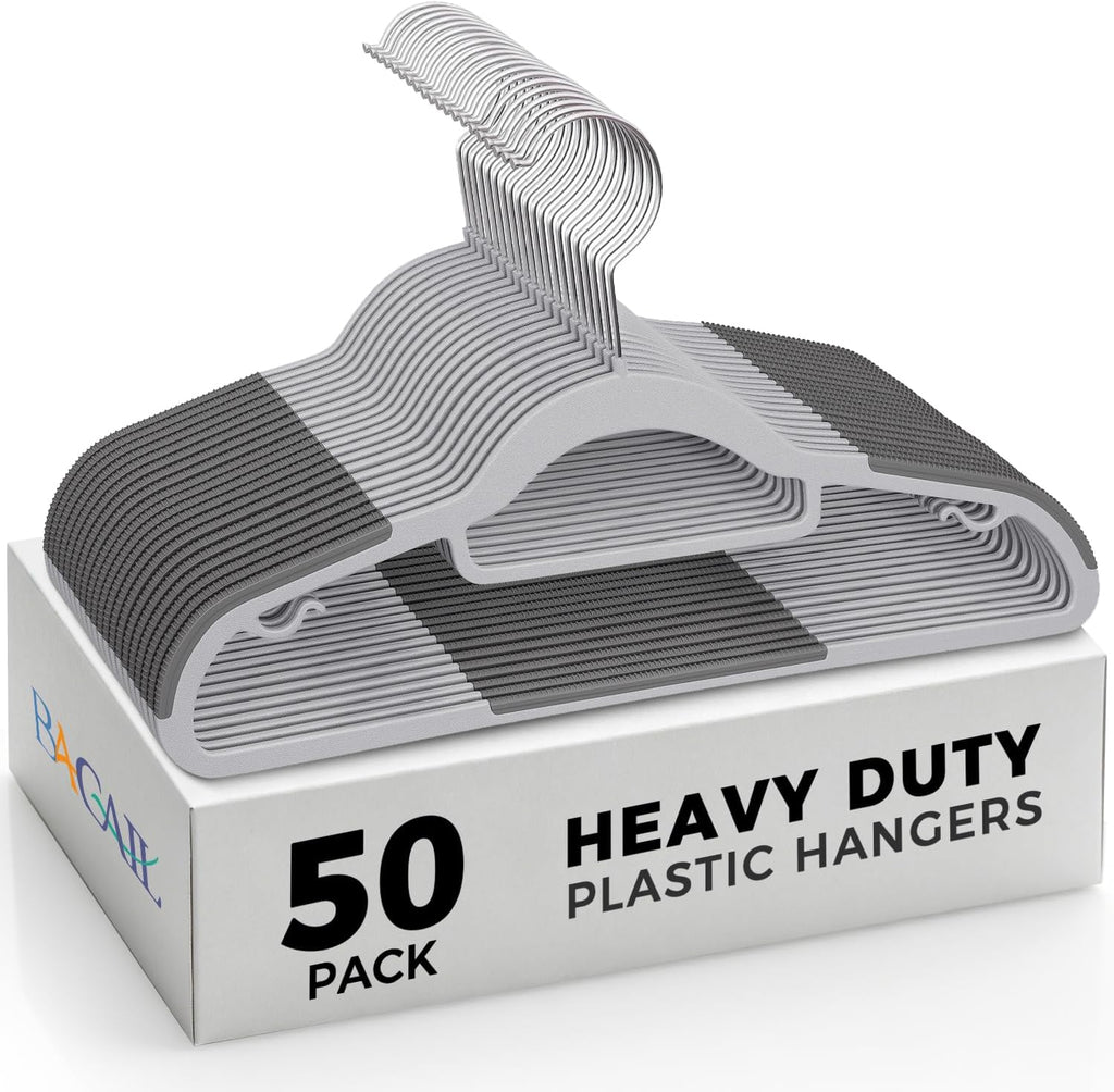 Heavy Duty Standard Plastic Hangers 50 Pack with Non-Slip Design,360°Swivel Hook Space Saving Organizer for Bedroom Closet,Shirts,Pants,Strong Enough for Coat(Grey)