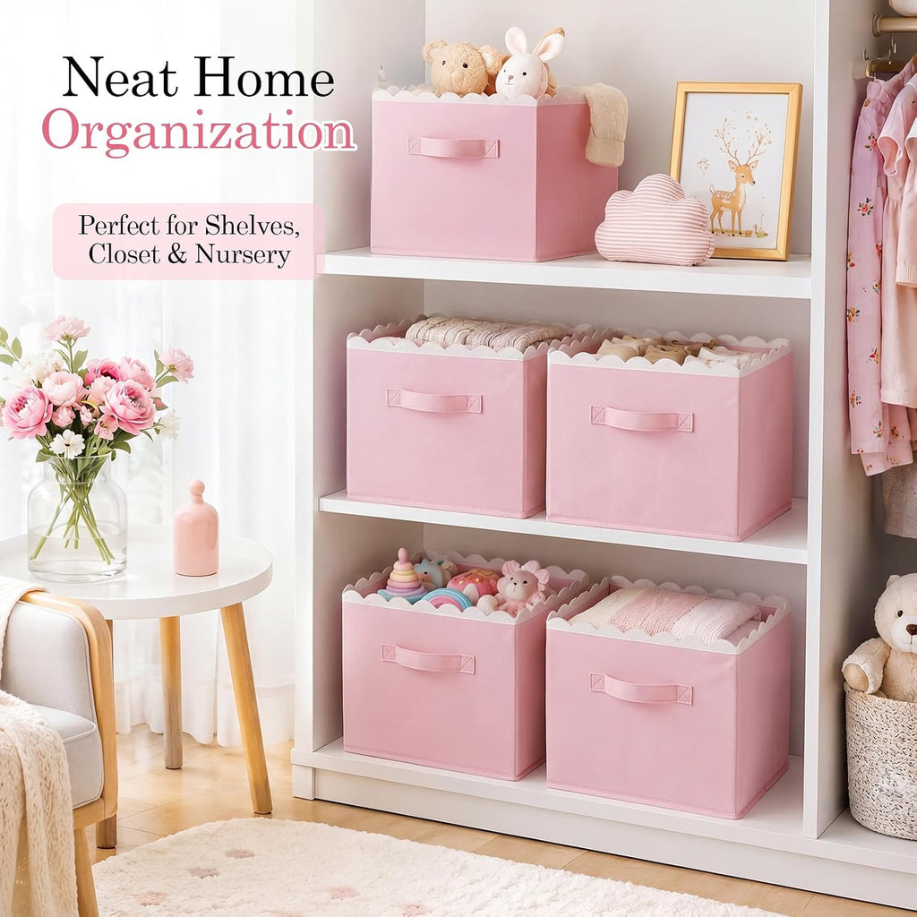 Yalikop 6 Pcs Pink Scalloped Cube Storage Bins 11 Inch Fabric Basket