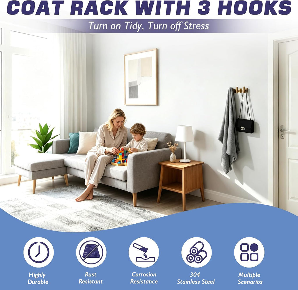 Alise Coat Hooks Hat and Coat Rack with 3 Hooks Wall Mounted,Brushed Gold