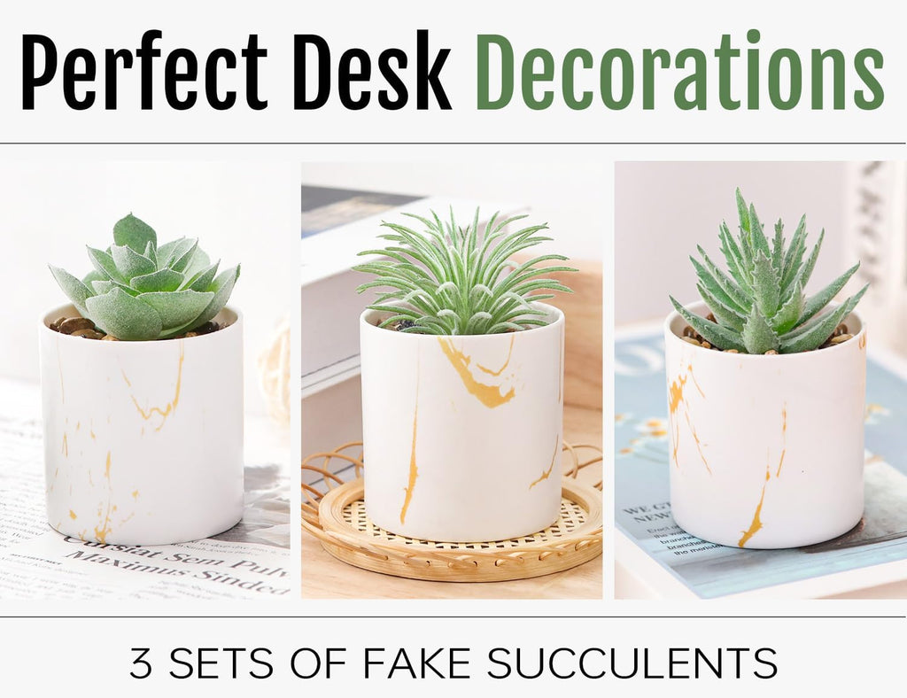Der Rose 3 Pack Fake Succulent Plants in Gold Accent Pots for Desk Decor