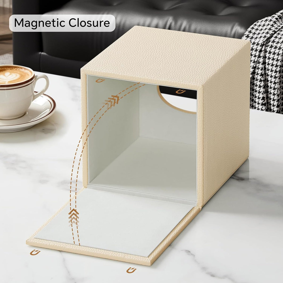 Square Tissue Box Cover with Magnetic Closure Bottom, Beige