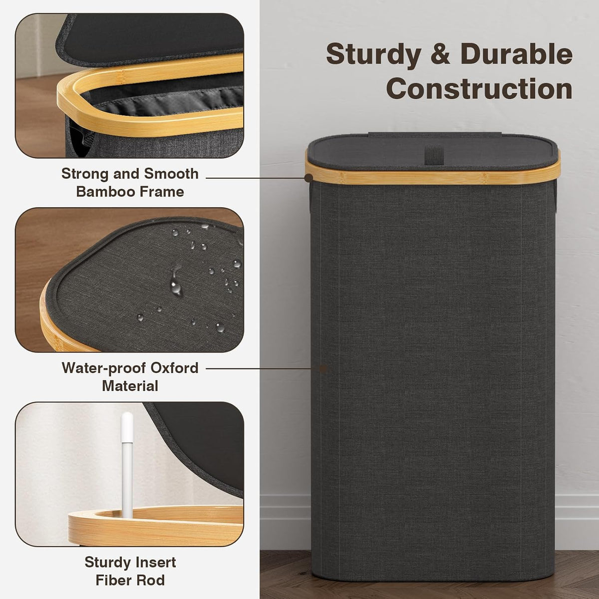 Bathola Slim Laundry Hamper with Lid, 75L Small Laundry Basket, Dark Grey