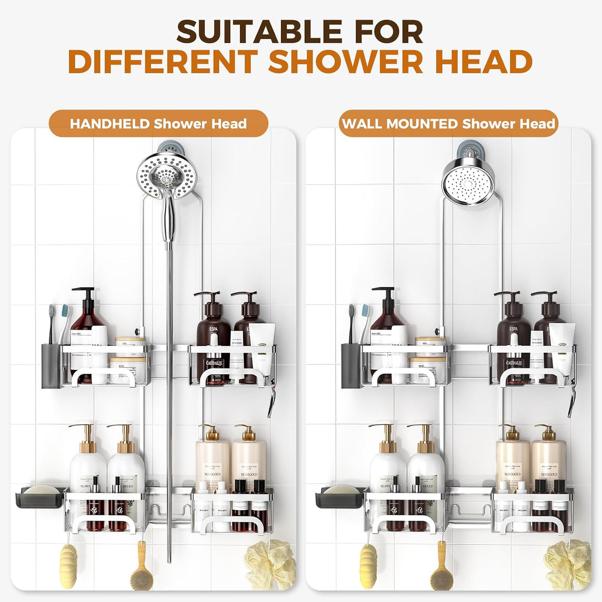 REINHARDT Split Shower Caddy Hanging for Handheld Showerheads, Silver