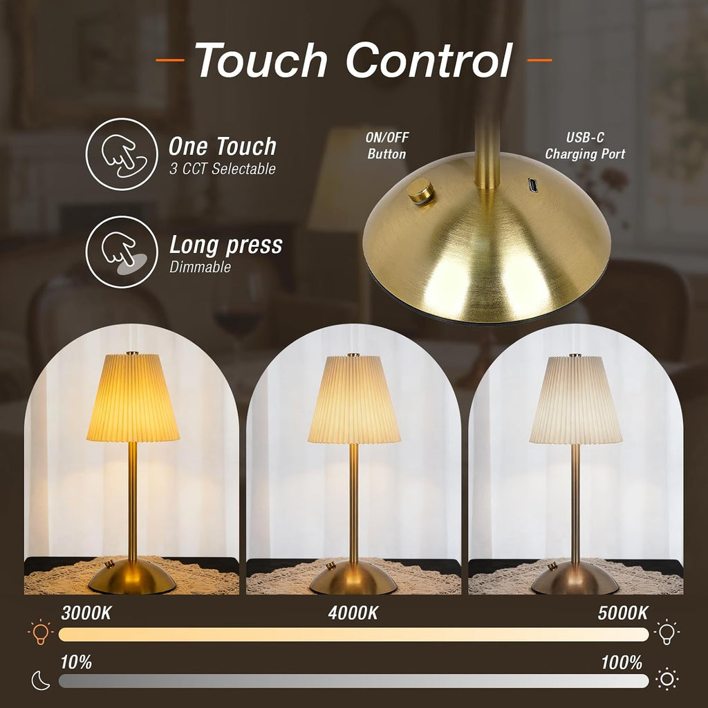 LEDVANCE Sylvania Cordless Lamp, LED Rechargeable Table Lamp with Battery Operated, USB-C, 3 Color Temperatures (3000/4000/5000K), Dimmable, Bedroom, Night Light, Coffee Shop, Brass - 1 Pack (66875)