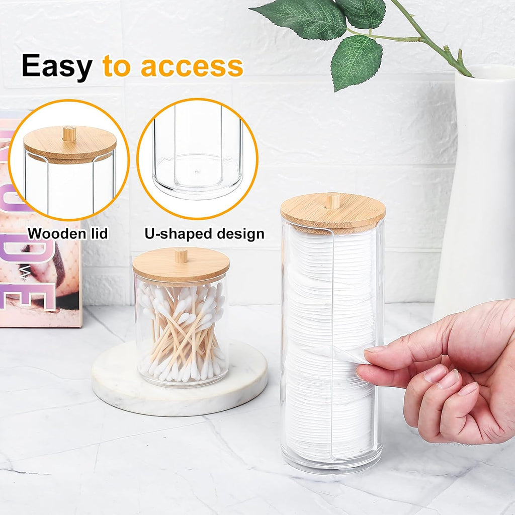 2 Pcs Qtip Holder, Cotton Pads Balls Dispenser Holders, Clear Cotton Swab Makeup Canister, Apothecary Jar Holder Organizer with Bamboo Lid for Bathroom Tabletop Vanity Makeup Storage Box