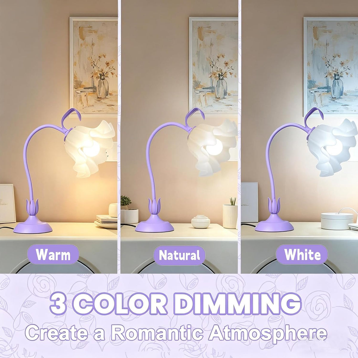 Flower Desk Lamp, LED Reading Light Flower Table Lamp, 3 Colors Flower Lamp for Girls Bedroom, Adjustable Flexible Nightstand Lamps, Bedside Table Lamp for Bedroom, Living Room, Home Decor (Purple)
