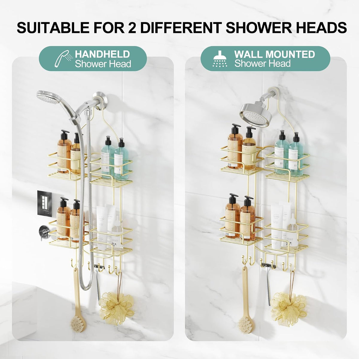 SRIWATANA Shower Caddy Hanging, Shower Organizer with Razor Hooks, Gold