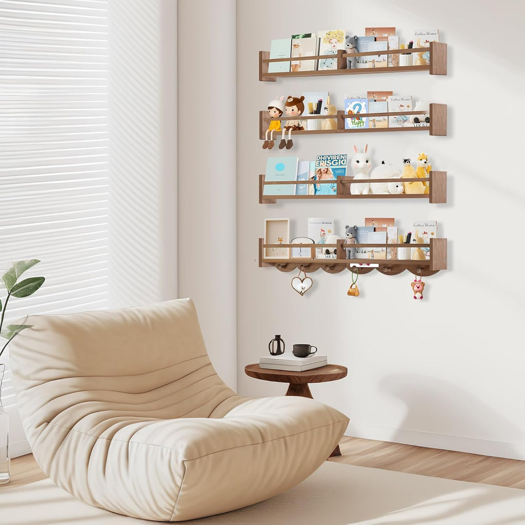 34Inch Nursery Book Shelves Wall Mounted, Floating Book Shelf for Kids Coat Rack with 6 Hooks, Wall Hanging Shelf for Baby Nursery Room Organizer ，Patent Number:US-D1058229-S(4, Light Brown)