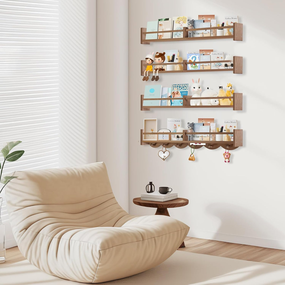 34Inch Nursery Book Shelves Wall Mounted, Floating Book Shelf for Kids Coat Rack with 6 Hooks, Wall Hanging Shelf for Baby Nursery Room Organizer ，Patent Number:US-D1058229-S(4, Light Brown)