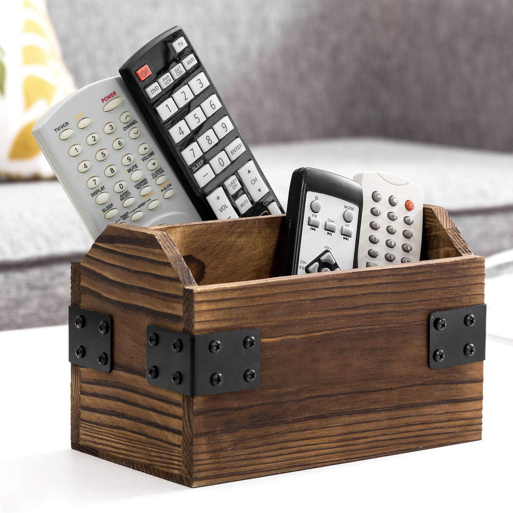 MyGift Rustic Burnt Wood TV Remote Holder with Black Metal Accents