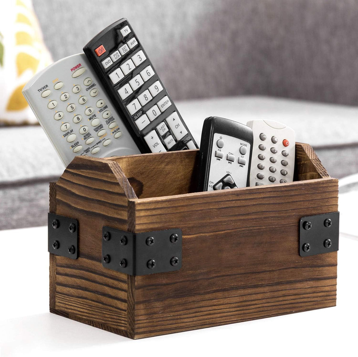 MyGift Rustic Burnt Wood TV Remote Holder with Black Metal Accents