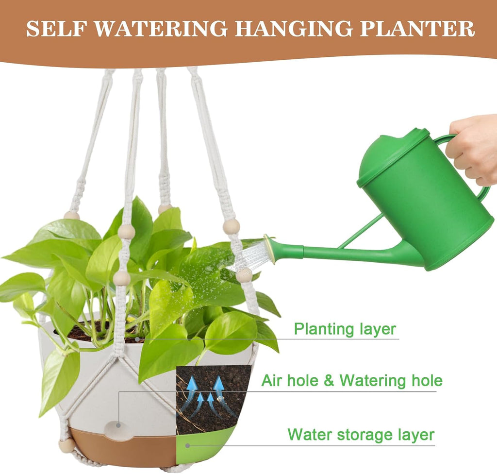 3 Pack Hanging Pot for Indoor Plants, 10inch Self-Watering Hanging Planter, Macrame Plant Hanger with Pot, Metal Chain, S & Ceiling Hooks, Removable Saucer and Drainage Holes for Garden Home - White