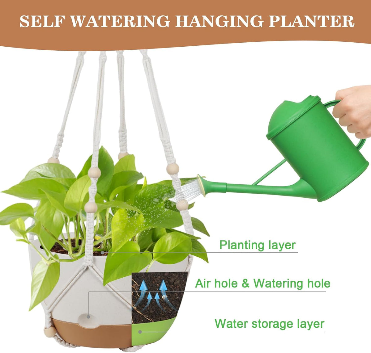 3 Pack Hanging Pot for Indoor Plants, 10inch Self-Watering Hanging Planter, Macrame Plant Hanger with Pot, Metal Chain, S & Ceiling Hooks, Removable Saucer and Drainage Holes for Garden Home - White