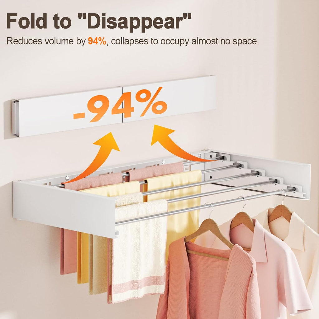 Wall Mounted Clothes Drying Rack Folding Indoor, Foldable Laundry Drying Rack Collapsible,Invisible, Space Saving, Retractable Towel Drying Rack, with Wall Template(5 Drying Rods, White 32")