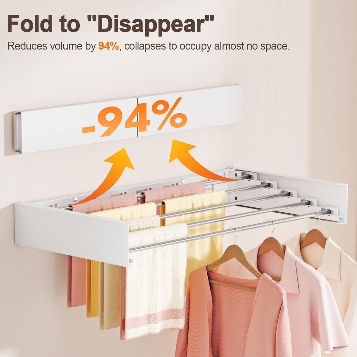 Wall Mounted Clothes Drying Rack Folding Indoor, Foldable Laundry Drying Rack Collapsible,Invisible, Space Saving, Retractable Towel Drying Rack, with Wall Template(5 Drying Rods, White 32")