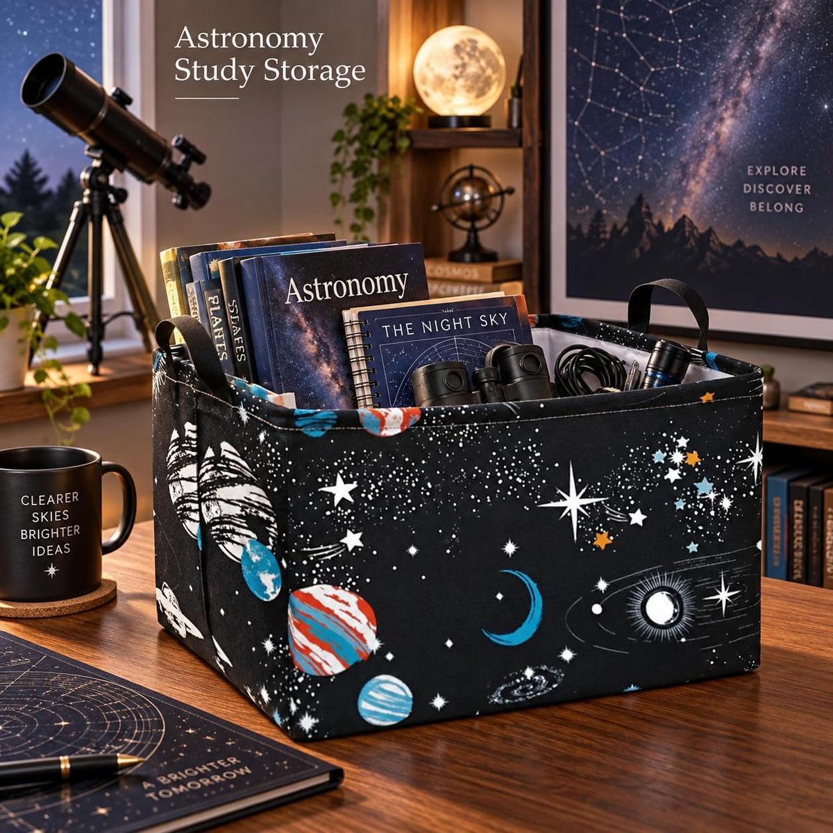 Space Storage Basket, Rectangular Cotton Linen Blend Organizer Bin with Handles, Foldable Black Galaxy Planet and Star Storage Box for Shelves, Closet, Bedroom and Dorm Room