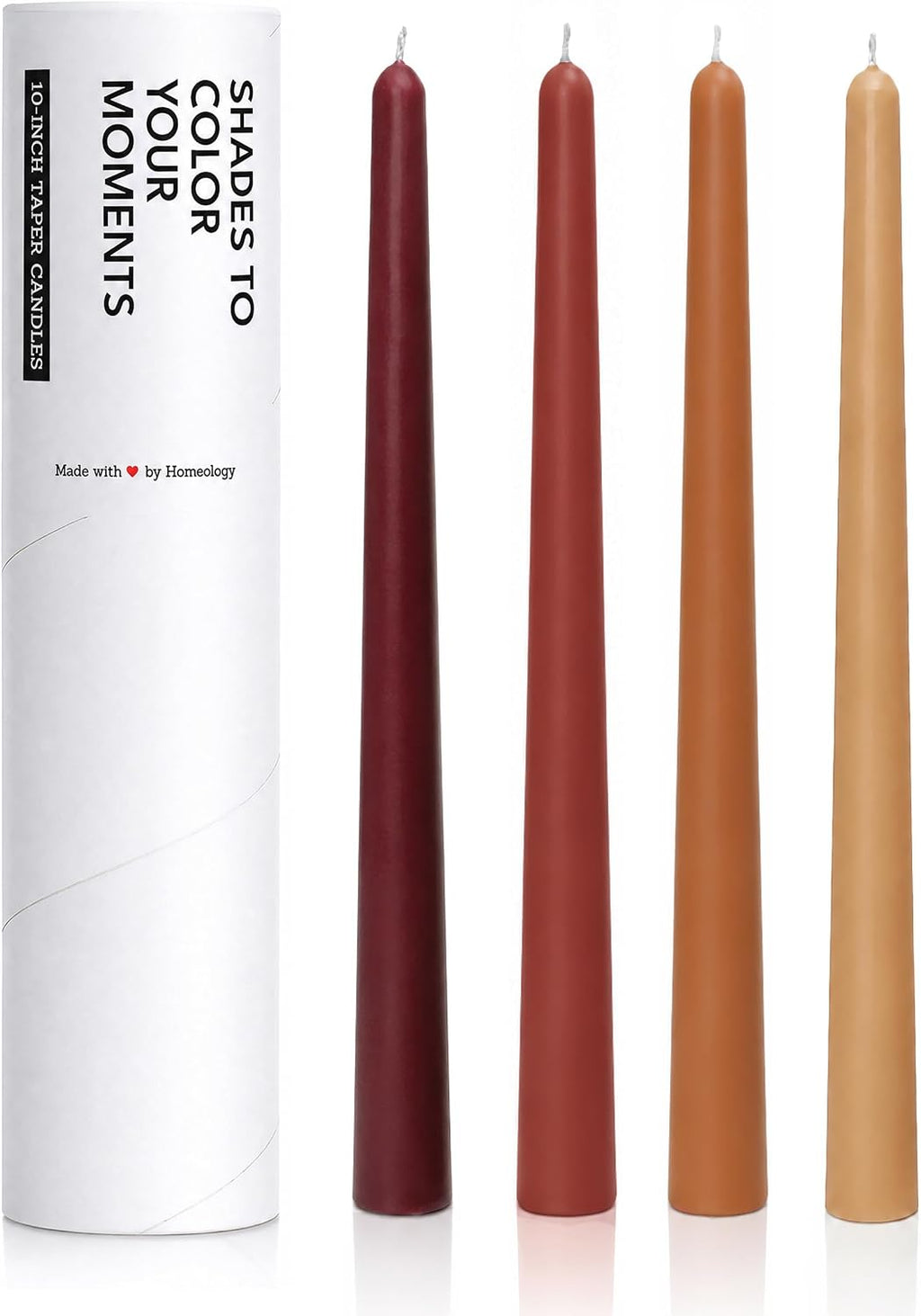 10" Classic Taper Candles, Autumn Earth Tone, 4-Pack, Burgundy, Terracotta, Burnt Orange and Warm Beige, 7-8 Hours Long Burning, Unscented Tall Candlesticks