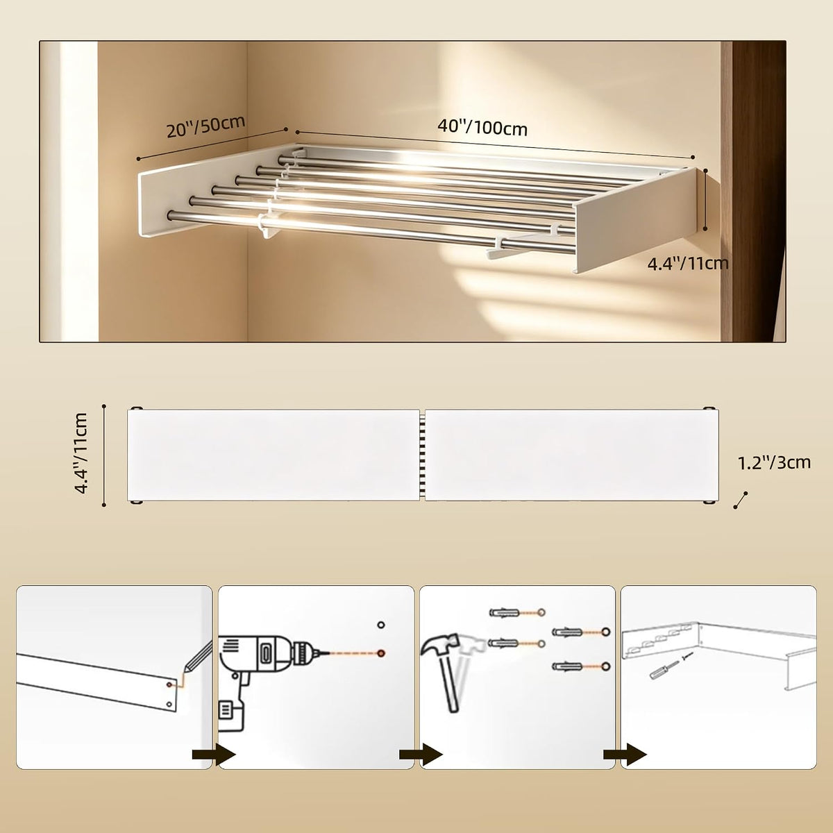Wall Mounted Drying Rack 40" Foldable Space Saving for Laundry Room
