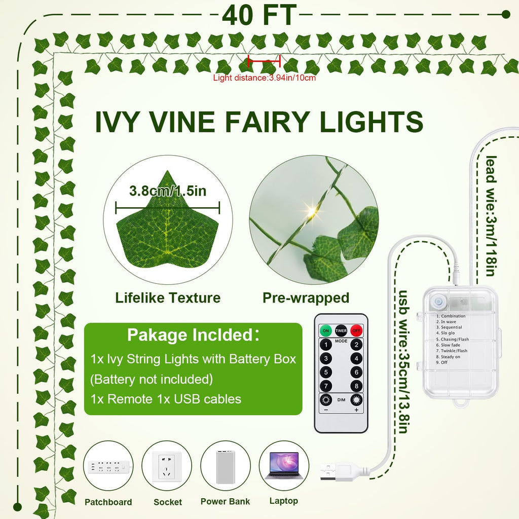 40ft 120 LED Vine Fairy Lights Battery Operated, 8 Modes & Timer Ivy String Lights with Remote, Green Leaf Lights for Indoor Bedroom Classroom Office Wall Garden Party Wedding Decor (Warm White)