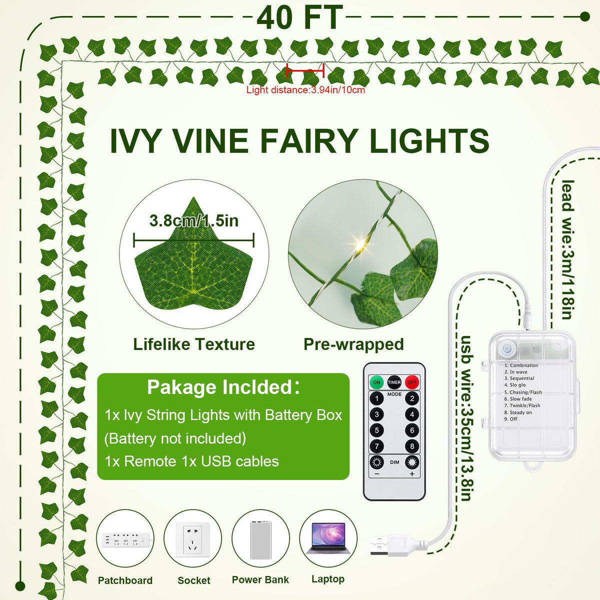 40ft 120 LED Vine Fairy Lights Battery Operated, 8 Modes & Timer Ivy String Lights with Remote, Green Leaf Lights for Indoor Bedroom Classroom Office Wall Garden Party Wedding Decor (Warm White)