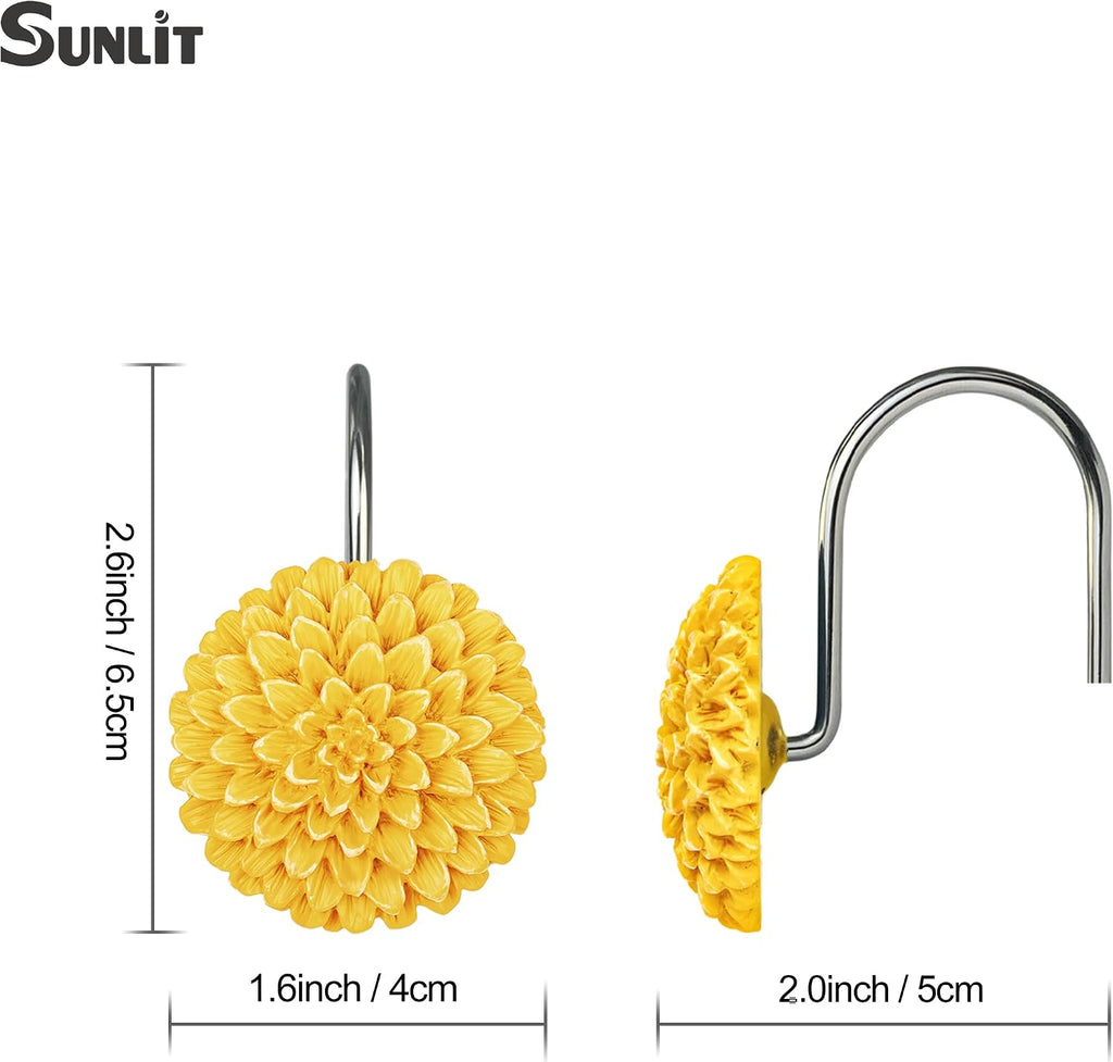 Sunlit Decorative Floral Shower Curtain Hooks, Dahlia Pinnata Flower Shower Curtain Rings, Resin, Bathroom Decoration Yellow Shower Curtain Hooks-12 Pack